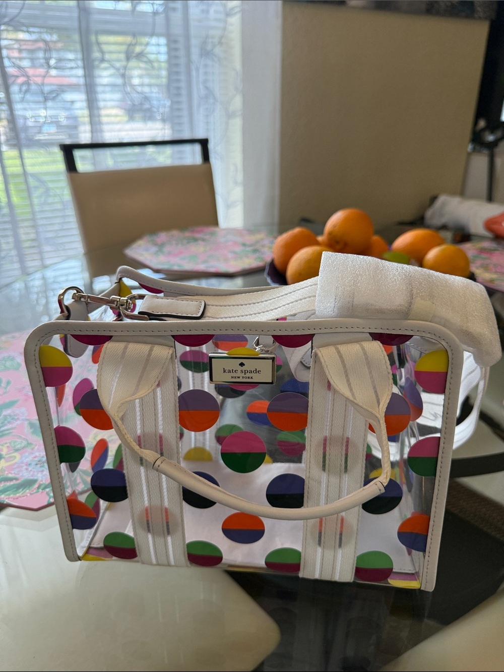 kate spade Clear Polka Dot Tote with White Trim and Multicolor Dots